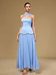 Coutiva Elegant Strapless Women's Evening Gown With Sash Sequin Dress  Lace Dress Blue Dress Back To School Clothes  Luxury Evening Dresses For Women - Blue - View 7