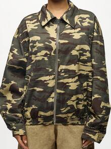 SUMWON WOMEN Oversized Camouflage Bomber Jacket Military Print Casual Fall Winter Zip Up Streetwear Outerwear With Elastic Hem And Cuffs