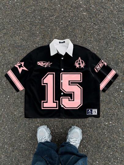 Manfinity ZONE917 Camisa casual de manga corta con cuello polo, estampado numérico y color contrastante para hombres