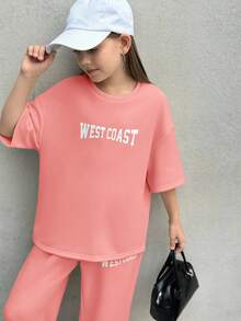 SHEIN Nova Glow 2pcs Tween Girl Set: Casual Letter Print Loose Fit Crew Neck T-Shirt + Printed Pants