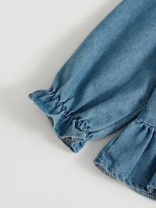 SHEIN 女童休闲简约翻领荷叶边长袖上衣和裤子套装，秋冬装 - 藍色 - 查看 5