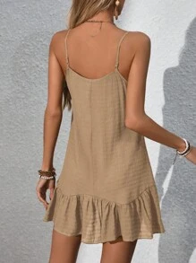 Swim Vcay Summer Clothes Women Summer Casual Beach Dress, Solid Color Textured Fabric, Adjustable Straps, Ruffle Trim Hem Coverup