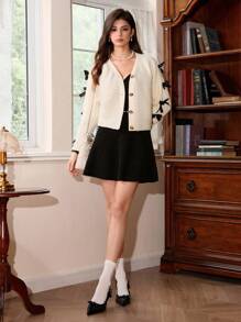 SHEIN MOD Cardigan élégant de couleur unie avec manches ajourées et nœud papillon pour l'automne/l'hiver - Nude - Voir 10