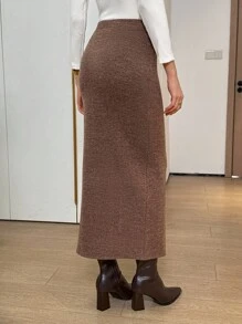 Easowa Váy dài thanh lịch họa tiết kaki thu đông cho nữ - Màu Khaki - Xem 4