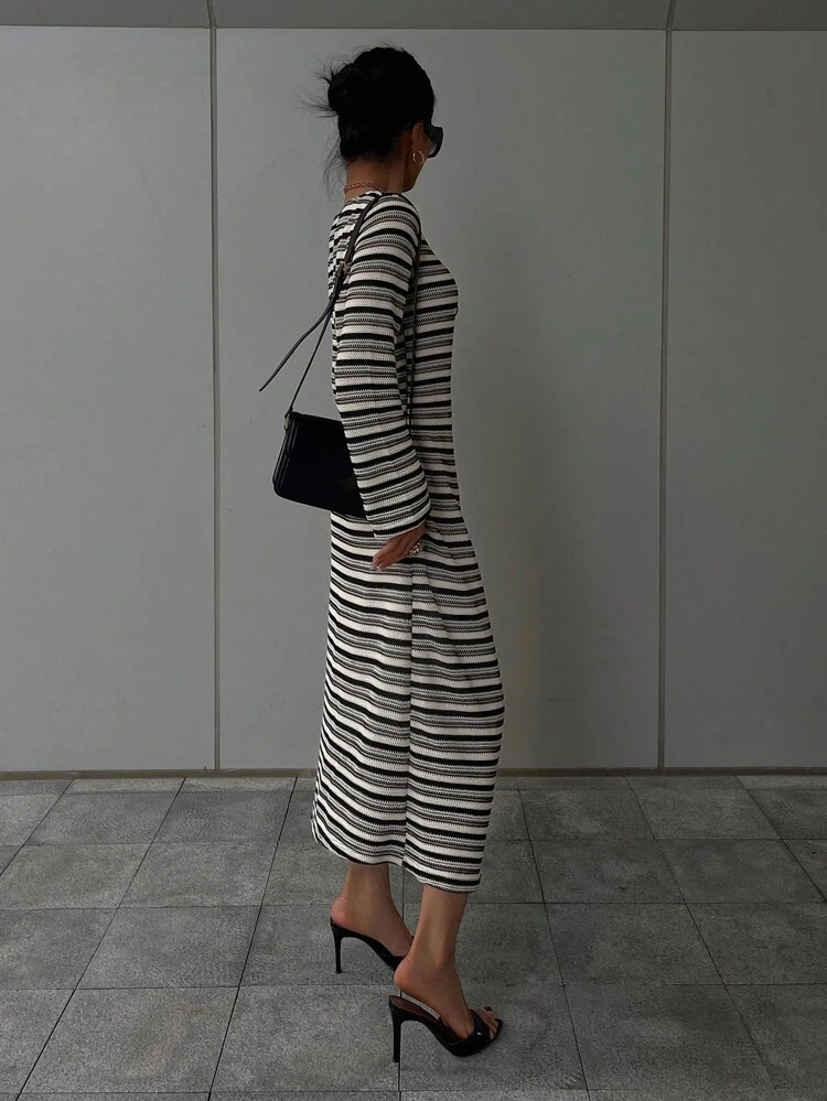 Striped Knit Dress, Waist Cinched, Slimming, New Design For Women Dress