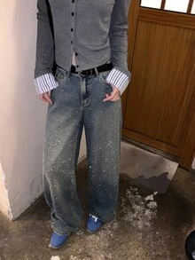 DAZY 女式水钻装饰休闲中长宽松牛仔裤 - 藍色 - 查看 5