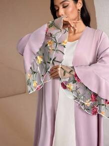 Al Najma Women's Floral Embroidered Mesh Flare Sleeve Arabic Abaya Cardigan