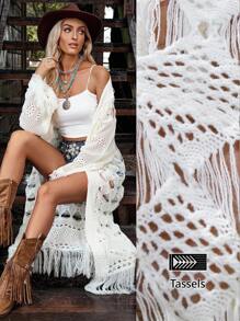 LanaWest Enfärgad, ihålig tofs, bohemisk lång kofta för kvinnor - Vitt - Visa 1