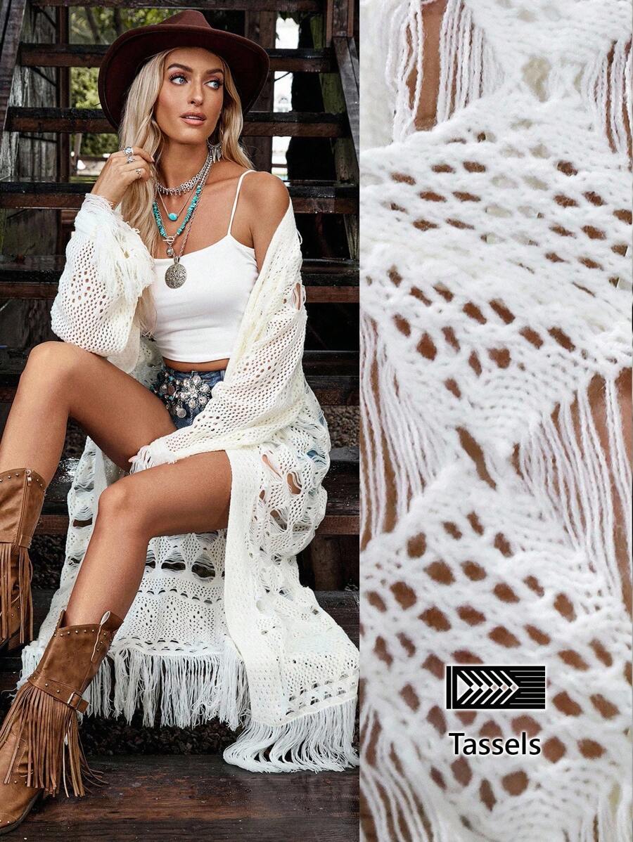 LanaWest Enfärgad, ihålig tofs, bohemisk lång kofta för kvinnor - Vitt - Visa 1