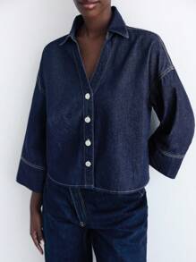 Maija 女式深蓝色牛仔上衣，七分袖，宽松衬衫，度假风格和复古风格的秋季女装