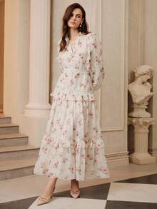 SHEIN Unity New Lightweight Luxury French Floral V-Neck Lantern Sleeve Cinched Waist Elegant Dress For Women - Multicolor - View 7