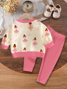 SHEIN 可爱卡通舞女蝴蝶结印花女婴休闲针织柔软厚圆领长袖运动衫和紧身裤套装 - 彩色 - 查看 3