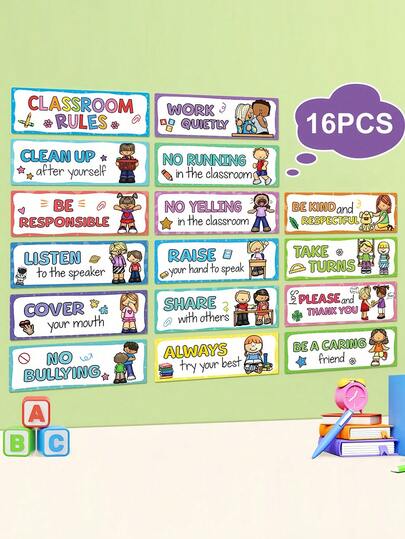 SHEIN 16 件彩色英语课堂规则海报 - 教育行为图表和良好习惯学习材料，适合幼儿园教师，教室装饰套装