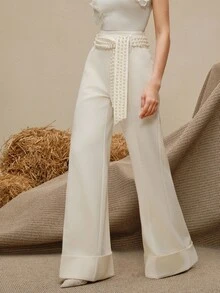 Anewsta Tall Quần ống rộng nữ thanh lịch, thời trang công sở và hẹn hò, thắt lưng đính cườm, kiểu dáng xuân/hè. - Màu be - Xem 4