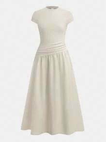 SHEIN Vestido largo asimétrico de línea A con cintura ceñida, de manga corta, ajustado, de cuello alto y color beige sólido, elegante y sencillo para uso diario casual de niñas preadolescentes, primavera/verano