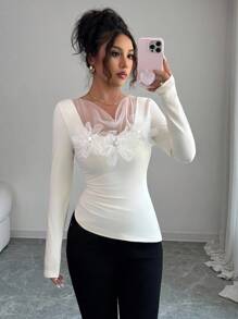 Elenzga Áo thun nữ cổ tròn tay dài màu trắng họa tiết hoa lưới lãng mạn, thanh lịch cho những buổi hẹn hò và đi chơi, vải mặc mùa thu cho nữ - Màu be - Xem 4