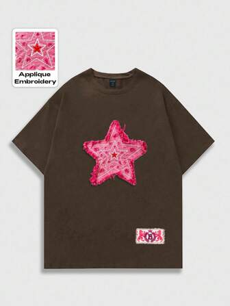 Street Life Men's Five-Pointed Star Embroidered Short Sleeve T-Shirt, Suitable For Everyday Wear In Spring/Summer