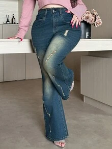 Dazy Plus Water-Washed Distressed Elastic Slim Flare Jeans, Streetwear Style, Plus Size For Women, All Season - Medium Wash - View 3
