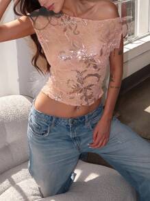 Siren Gaze Women's Sequined Asymmetrical Shoulder Top,Elegant Gold Sequin Embroidered Y2K T-Shirt For Summer Party Night,Fashionable Pink Casual All-Season Top - Pink - View 1