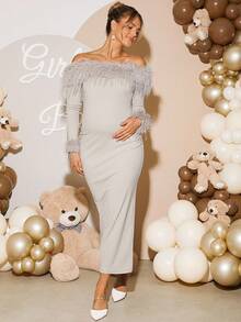 Loomaby 孕妇毛茸茸拼布露肩紧身连衣裙 - 灰色 - 查看 3