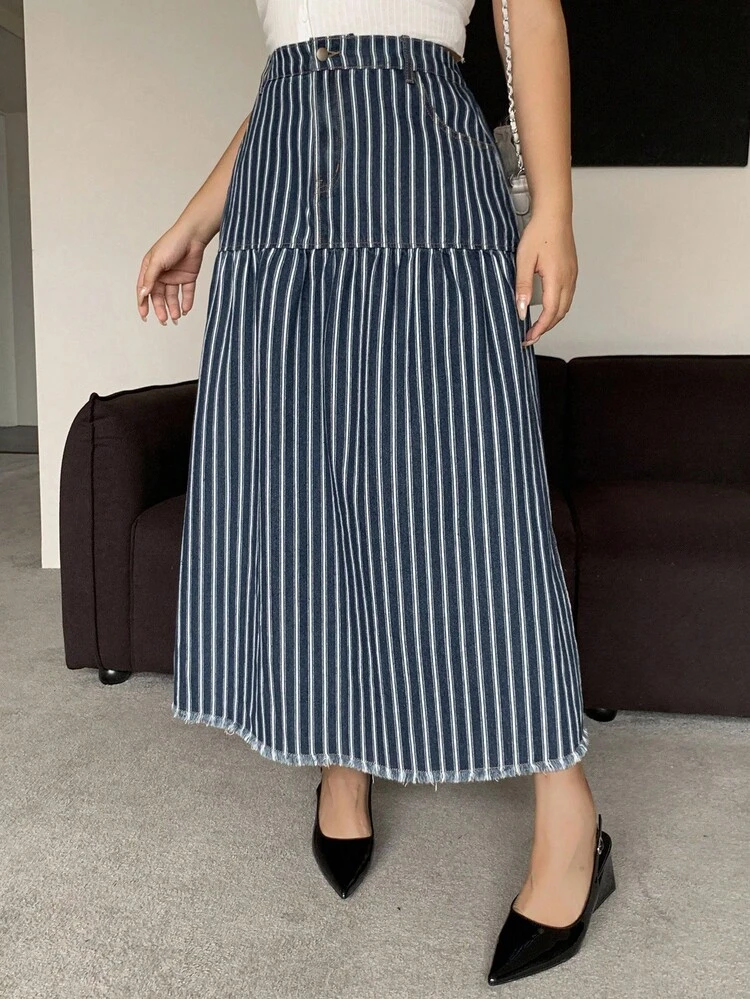 Dazy Plus Long A-Line Patchwork Striped Side Slit Fringe Hem Denim Skirt, Suitable For All Seasons Jeans Skirt