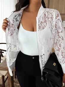 EMERY ROSE Áo khoác dài tay thanh lịch ren khóa kéo cỡ lớn - trắng - Xem 7