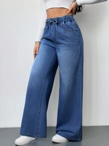 SHEIN PETITE Women's Blue Jeans Summer Wide-Leg Pants Comfortable Elastic Waist With Pockets Summer Casual Wear - Dark Wash - View 4