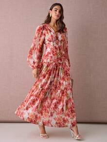 Enchnt Rochie elegantă pentru femei cu imprimeu floral, decolteu în V, mâneci tip felinar, tiv cu volane - roșu - Vizualizare 5