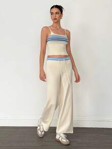 SHEIN Tall Vestă contrastantă cu talie joasă și șnur de cusut, pantaloni largi tricotați, ușori, de primăvară-vară, doar pentru vacanțe, eleganți, pentru plajă, drăguți, pentru aeroport, casă de plajă, îmbrăcăminte de aeroport, vacanță, toamnă/iarnă - Cremă - Vizualizare 11
