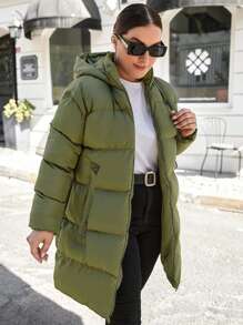 EURMUSE Plus Zip Up Hooded Puffer Coat, Winter - Army Green - View 5