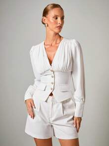 COSMINA Elegancka koszula damska z marszczeniami w talii, jesień/zima, biała, elegancka bluzka damska - Biały - Zobacz 5