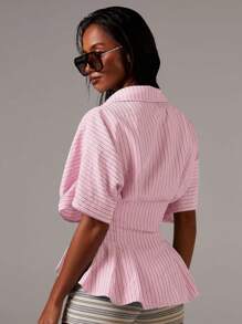 Athîral 女士休闲通勤简约条纹腰衬衫 - 粉色 - 查看 2