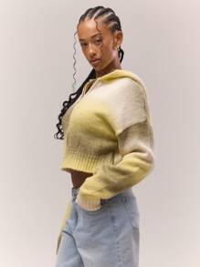 MUSERA 短款拉链连帽针织衫，宽松版型，秋季复古乡村风，返校季必备，奶油黄休闲冬装，冬日时尚春季必备 - 彩色 - 查看 2