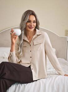 EMERY ROSE Solid Collared Button Up Flap Pocket Shirt,Long Sleeve Tops - Beige - View 1