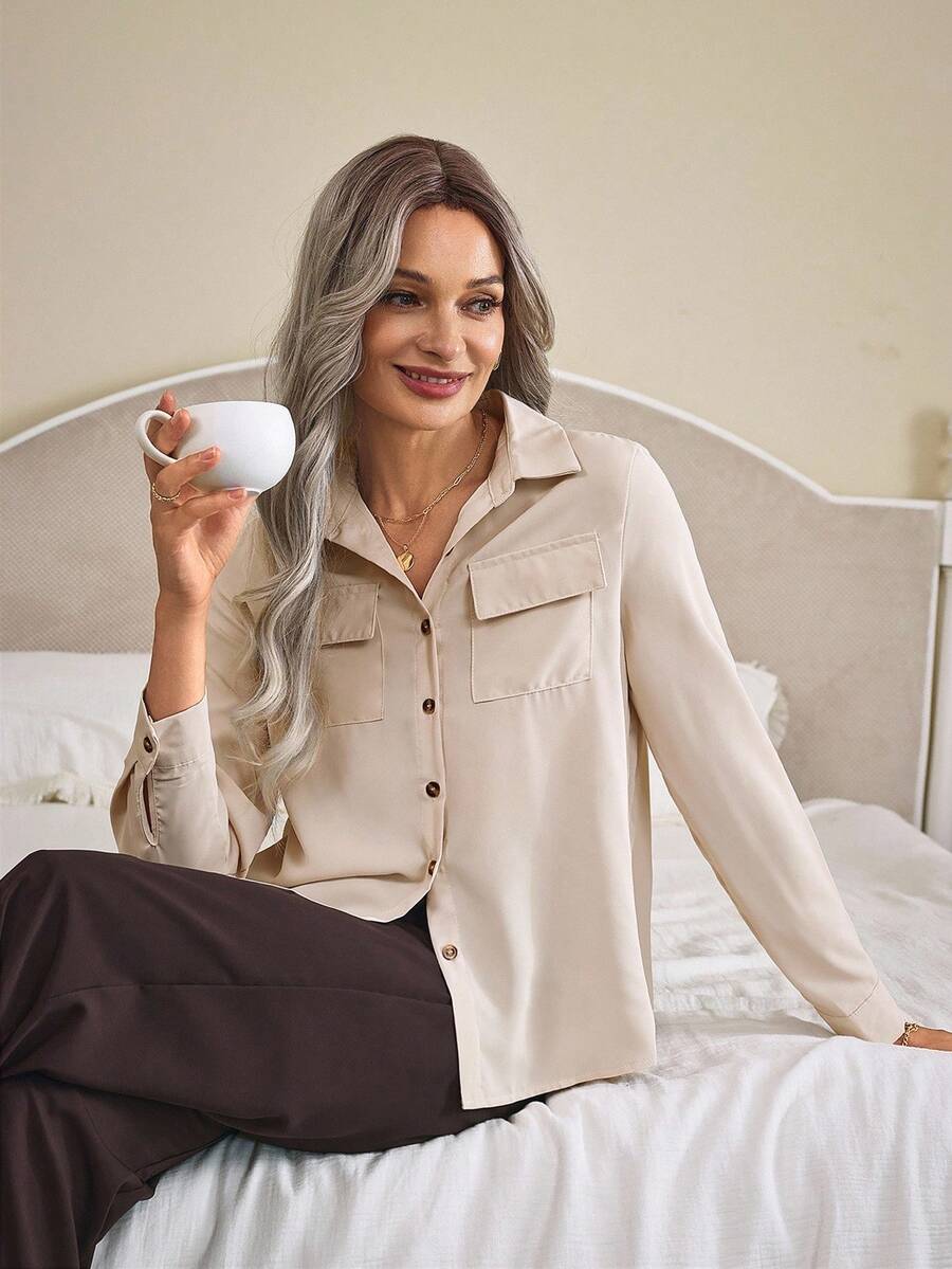 EMERY ROSE Solid Collared Button Up Flap Pocket Shirt,Long Sleeve Tops - Beige - View 1