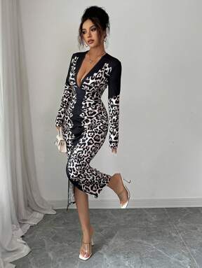 Elenzga Damen Leopard Muster Kleid mit tiefem V-Ausschnitt, figurbetonter Passform und Schlitz
