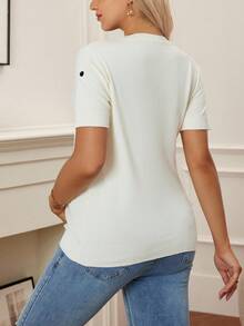 SHEIN 孕妇心形刺绣针织圆领短袖毛衣 - 白色 - 查看 2