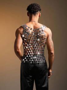 FeverCity Men's Sequin Patchwork Sexy Tank Top, 2000s Style - Silver - View 3