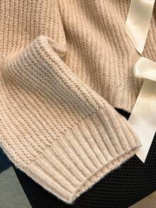 Franclia Women's Drop Shoulder Bow Decor Loose Knit Sweater - Beige - View 6