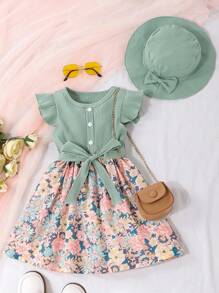 SHEIN Vintaside Kids 少女花卉印花荷葉邊連身裙配腰帶和帽子