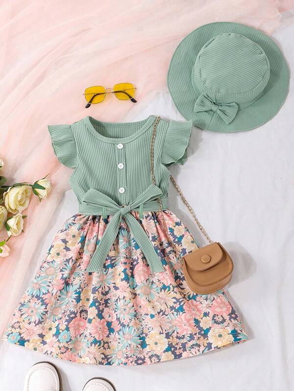 SHEIN Vintaside Kids Young Girl Floral Print Ruffle Trim Belted Dress & Accessory Hat