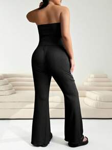 SHEIN EZwear Set de 2 piezas: Top tipo bandeau y pantalones de campana en color café, talla grande, ropa de primavera y verano - Negro - Ver 2