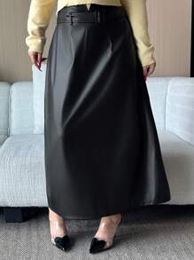 Dazy Plus PU Leather Waistband Design Fitted Long Straight Skirt, Plus Size For Autumn/Winter - Black - View 3