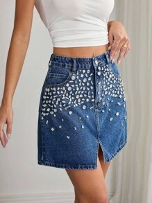 Elenzga Women's Pocketed Handmade Rhinestone Slit Dark Washed Denim Midi Skirt ,Casual Elegant Lady - Dark Wash - View 1