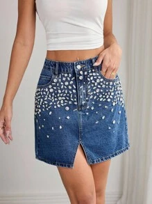 Elenzga Women's Pocketed Handmade Rhinestone Slit Dark Washed Denim Midi Skirt ,Casual Elegant Lady - Dark Wash - View 3
