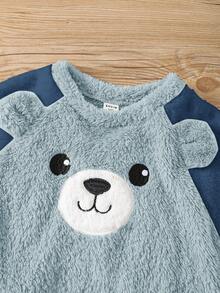 SHEIN 2pcs Young Boy Cute Cartoon Bear Pattern 3D Ear Double-Sided Fleece Pajama Set,Soft Long Sleeve Autumn Family Matching Sleepwear For Fall/Winter - Dusty Blue - View 2