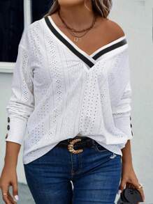 EMERY ROSE New Fashion Casual Colorblock Ribbed V-Neck Long Sleeve Loose T-Shirt For Plus Size Women Fall Cloth For Women - White - View 4