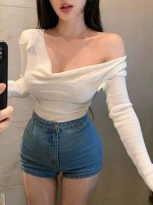 DAZY 女式蝴蝶结装饰垂坠领长袖修身休闲套头衫秋季 - 杏色 - 查看 6