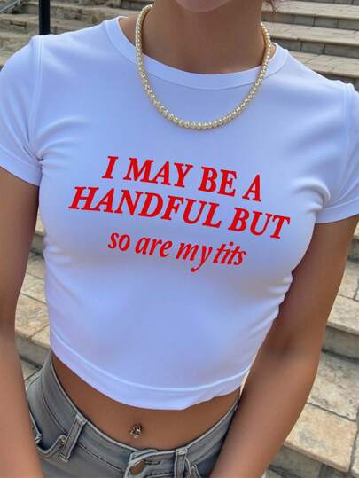 Rovax Women Plus Size Casual Slogan Print Round Neck Cropped T-Shirt, Summer