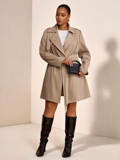  Veslaya 2025 新品秋冬优雅/简约/通勤米色纯色宽领A字长袖风衣两件套配腰带，女士加大码风衣长款外套中性女装加大码风衣女式风衣